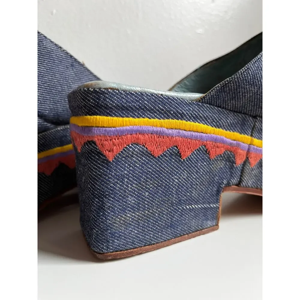 Vintage 70s Denim Platform Mules | Jerry Edouard Embroidered Mod Folk Clogs | 6
